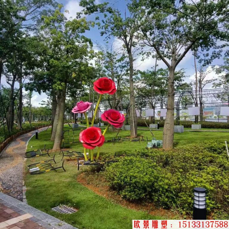 不銹鋼仿真玫瑰花雕塑，公園花朵雕塑