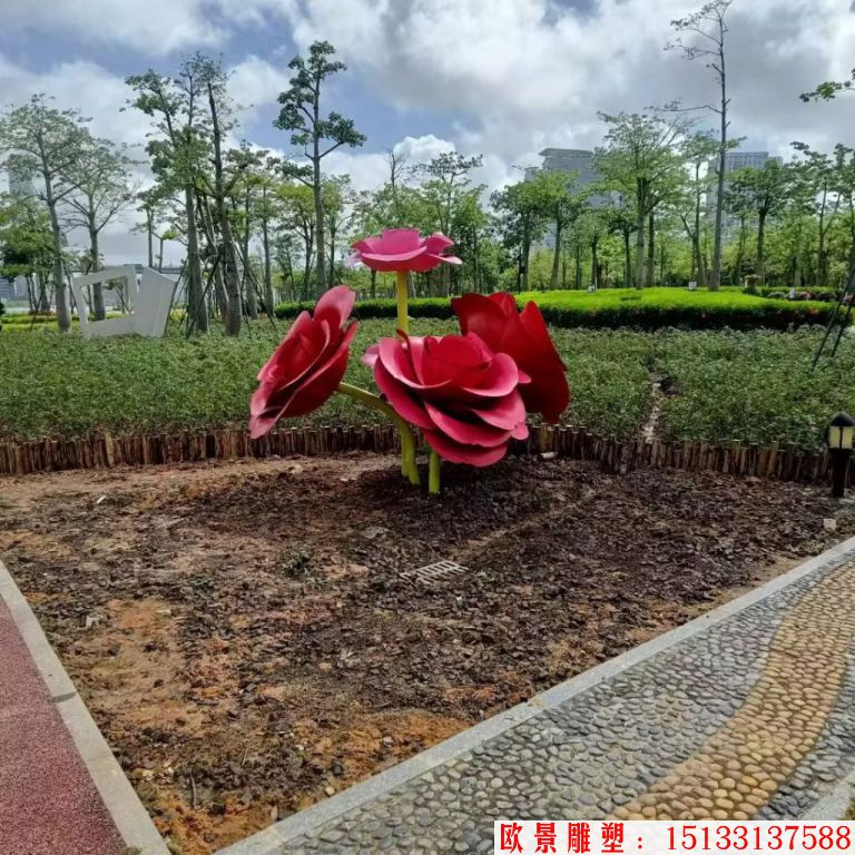 不銹鋼仿真玫瑰花雕塑，公園花朵雕塑1