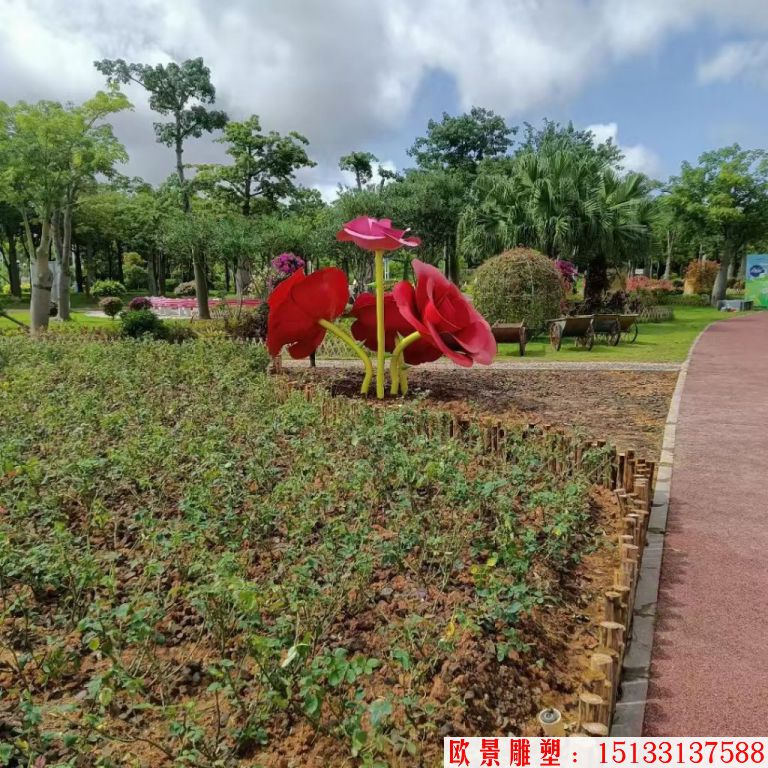 不銹鋼仿真玫瑰花雕塑，公園花朵雕塑4