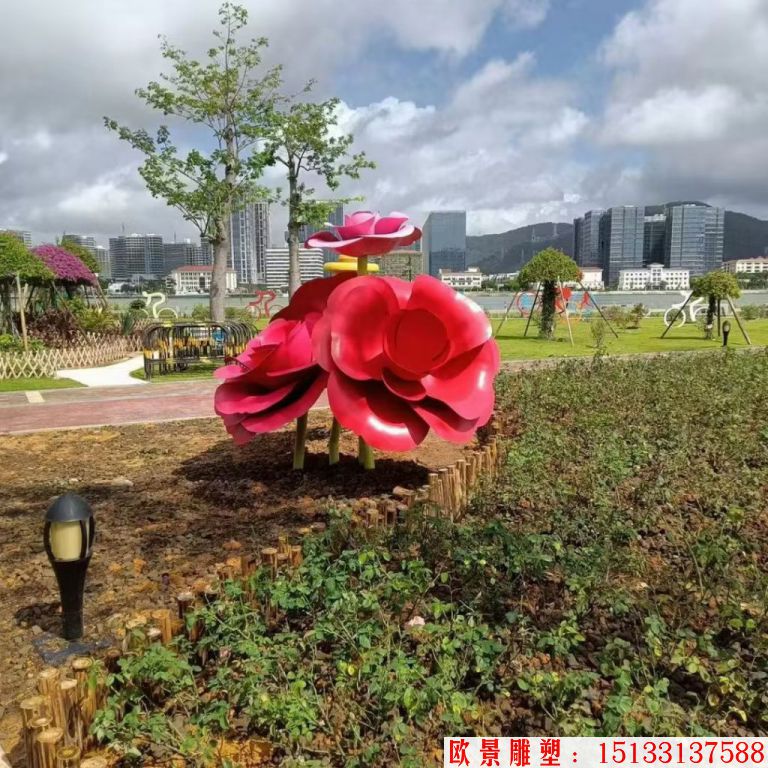 不銹鋼仿真玫瑰花雕塑，公園花朵雕塑5