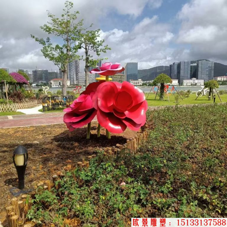 不銹鋼仿真玫瑰花雕塑，公園花朵雕塑7
